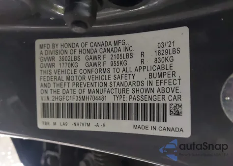 2021 Honda Civic Ex from USA, damaged, VIN 2HGFC1F35MH704481